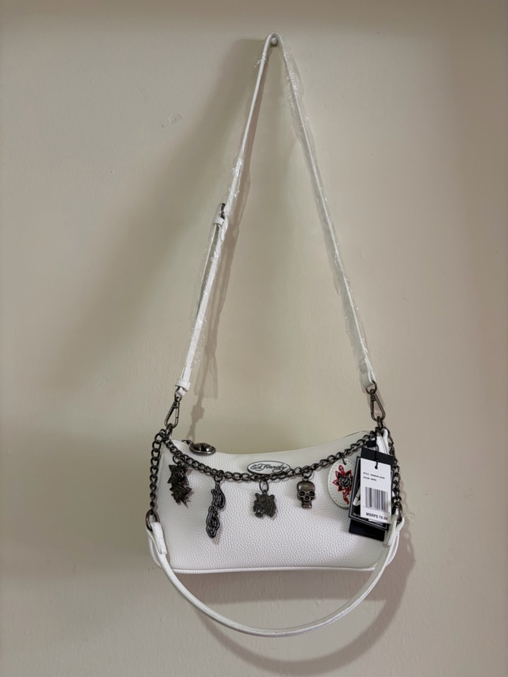 Ed Hardy White Shoulder Bag/Crossbody with Skull Charm Chain